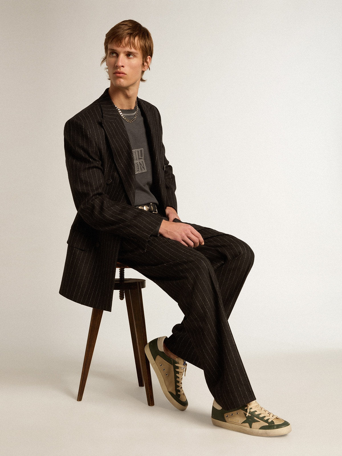 Men's Super-Star LTD in cream mesh and green nappa with nappa star| Golden Goose