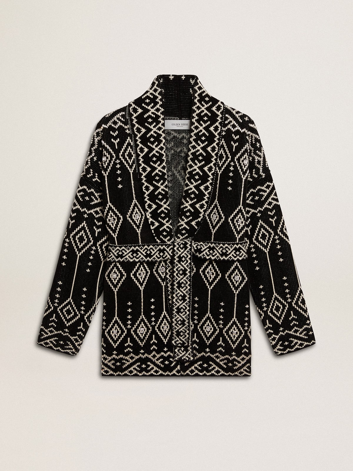 Women's black cardigan with belt and crystals| Golden Goose