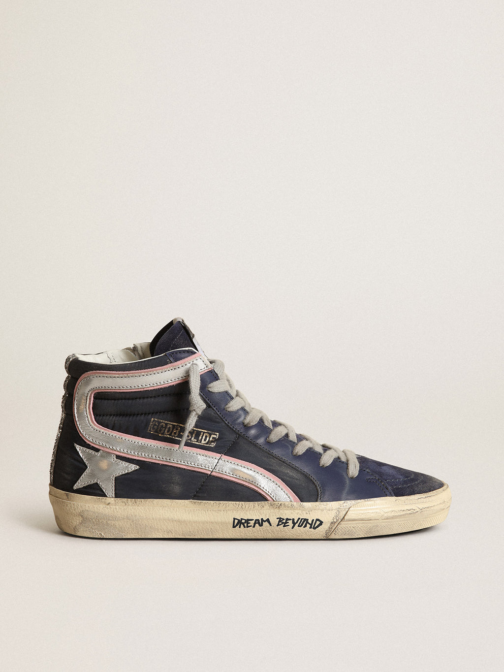 Slide LTD sneakers in blue nylon with silver metallic leather star and flash| Golden Goose