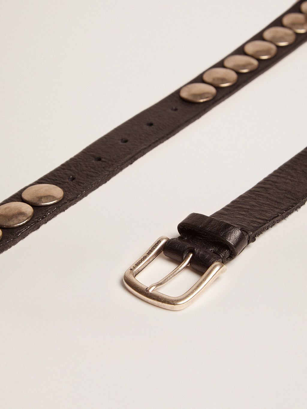 Women's black Trinidad belt in washed leather with silver studs| Golden Goose