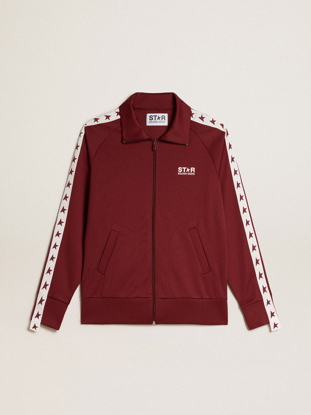 Women's burgundy zipped sweatshirt with white strip and contrasting stars| Golden Goose