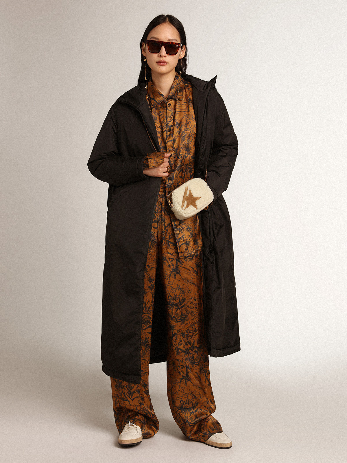 Women's golden brown boyfriend shirt with notebook print| Golden Goose