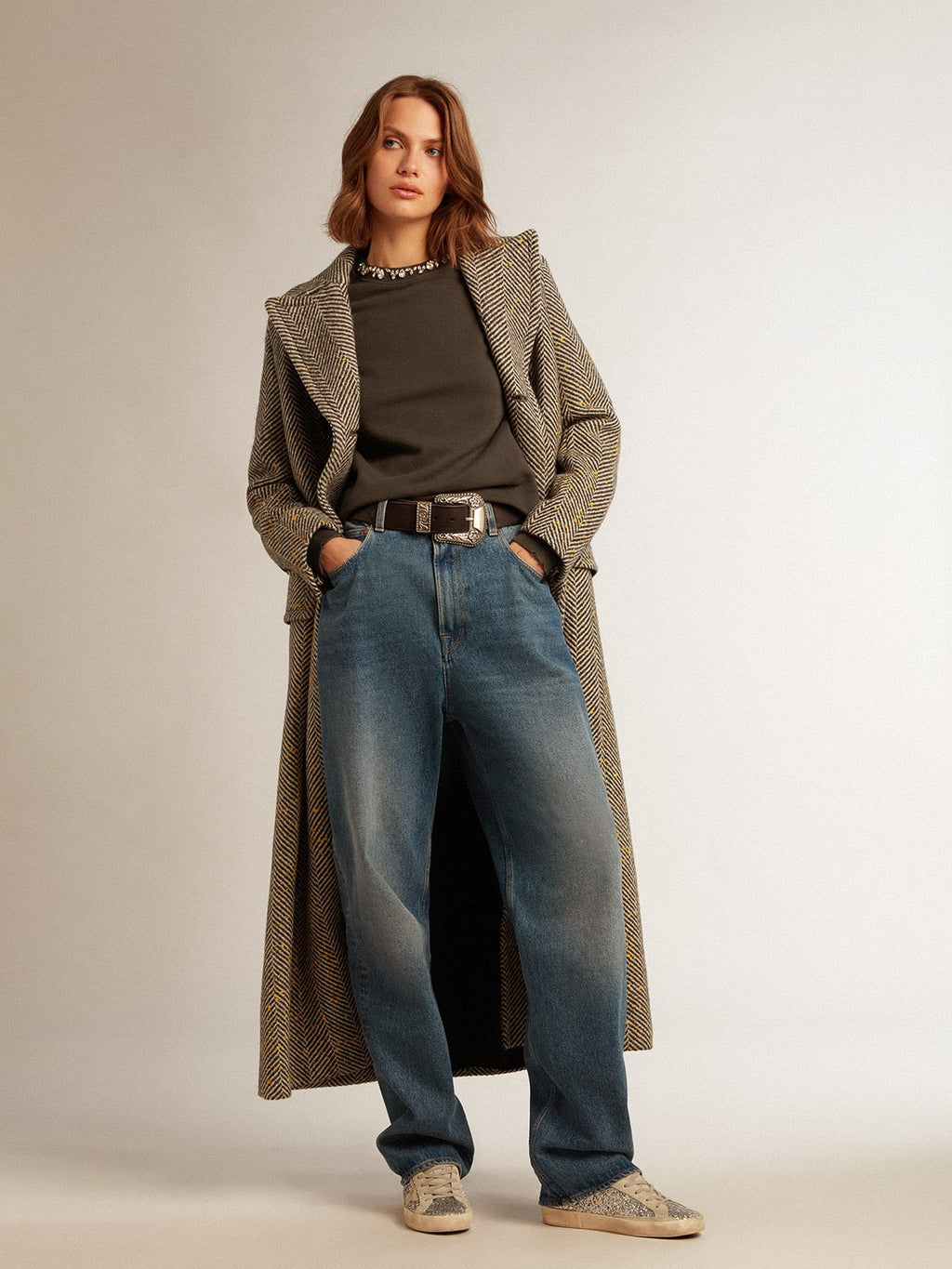 Women's long herringbone coat with yellow details| Golden Goose