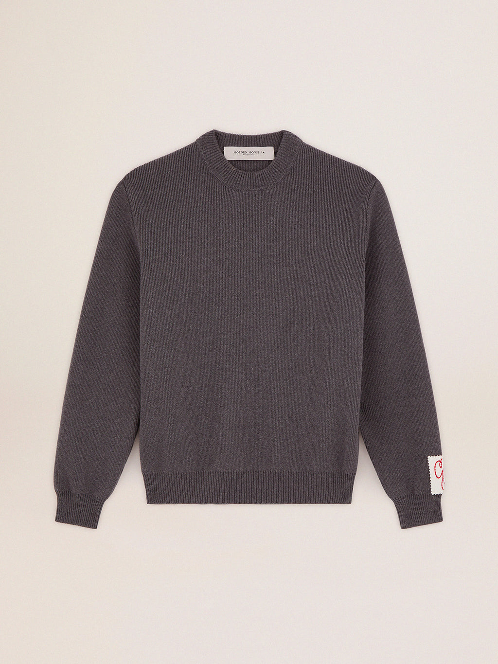 Women's round-neck sweater in dark gray cotton with logo on the back| Golden Goose