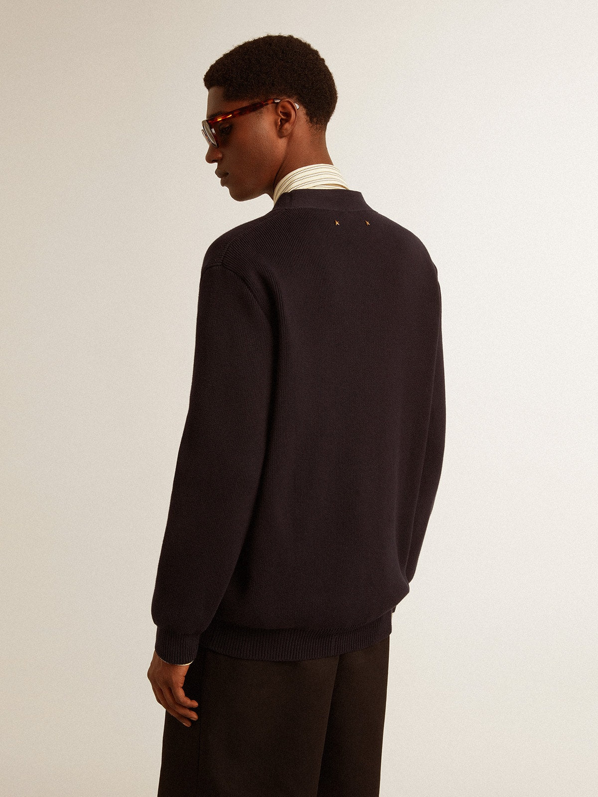 Golden Collection cardigan in dark blue cotton with a distressed finish| Golden Goose