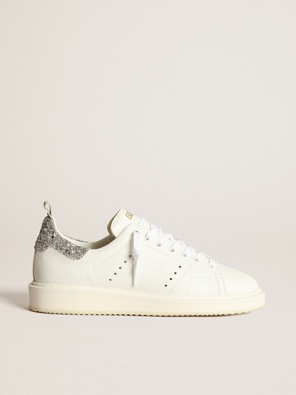 Starter sneakers in white leather with silver glitter heel tab| Golden Goose