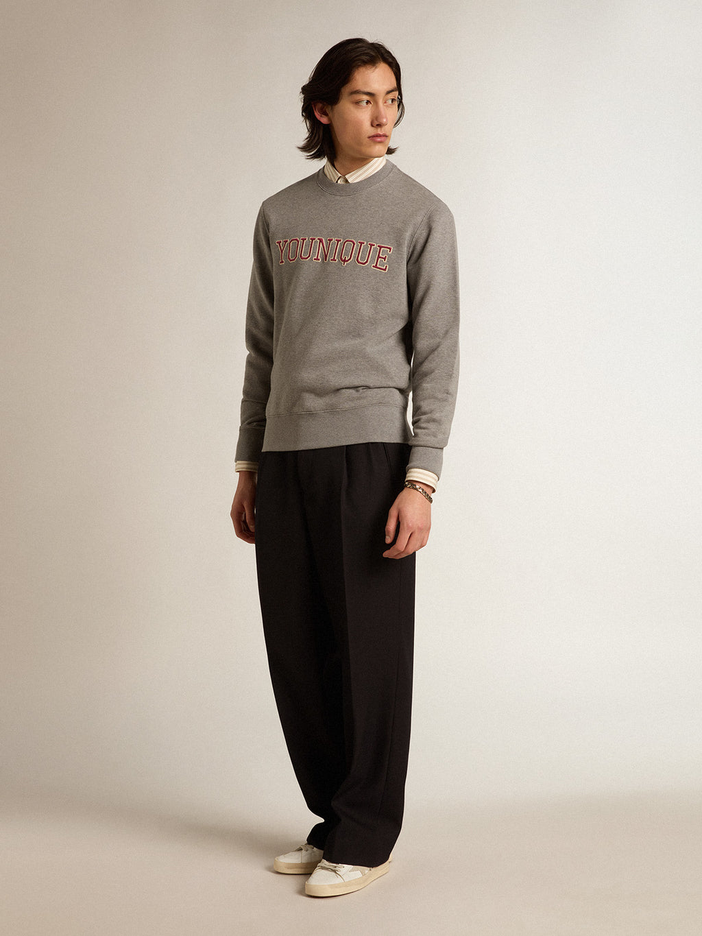 Gray melange cotton sweatshirt with embroidered lettering| Golden Goose