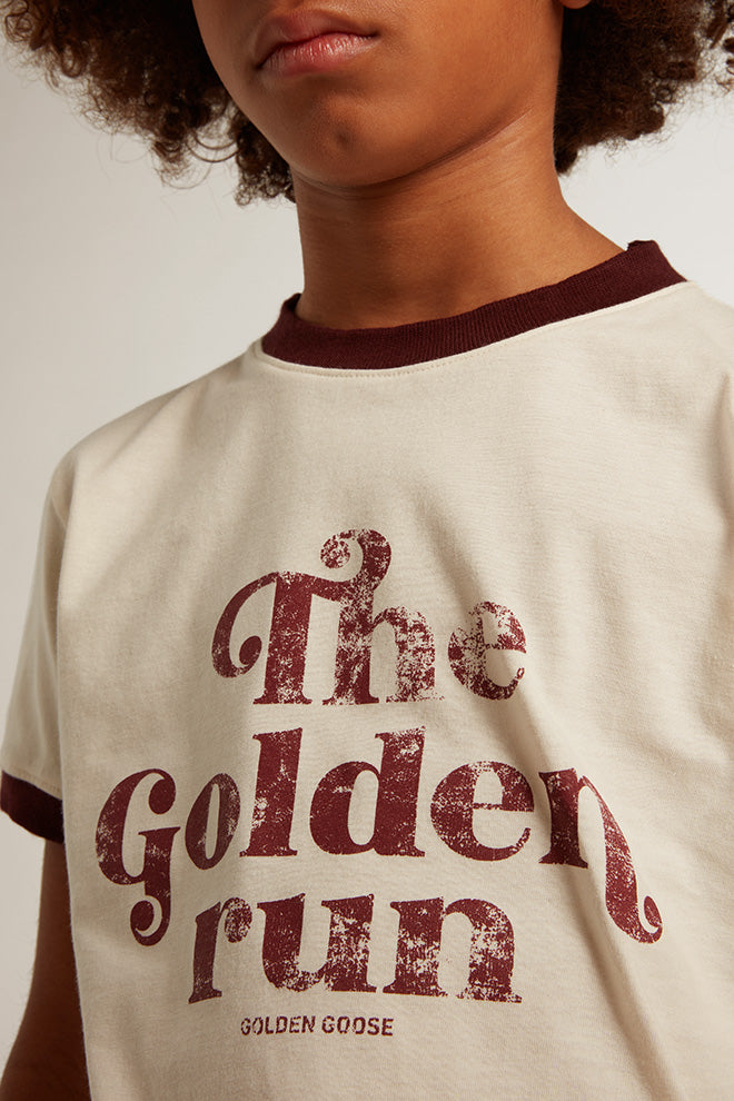 Boys' white cotton T-shirt with faded print at the center| Golden Goose