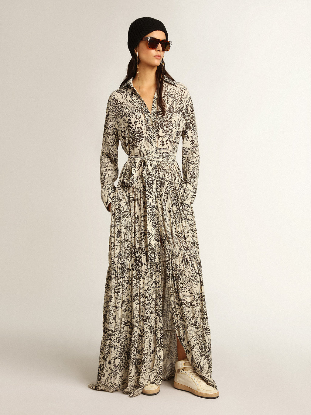 White dress with black toile de jouy print| Golden Goose