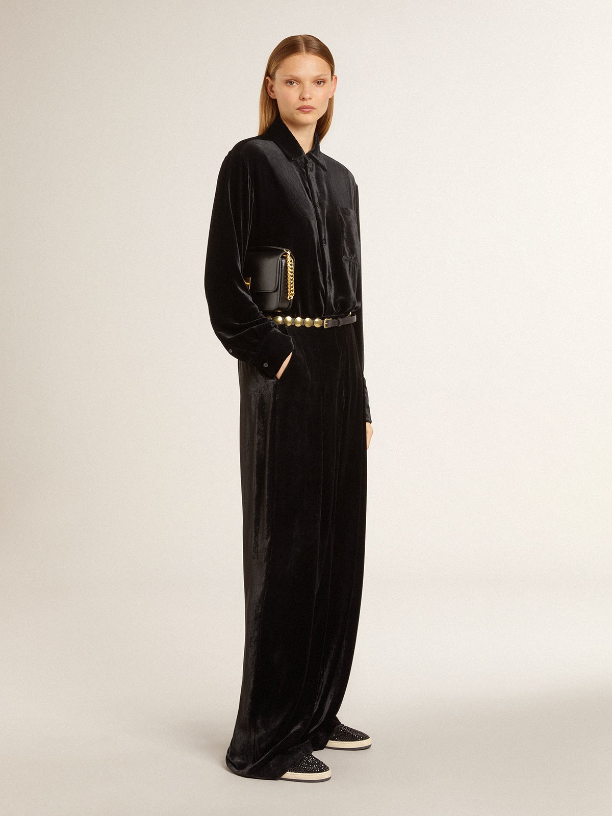 Velvet-effect black shirt with embroidery| Golden Goose