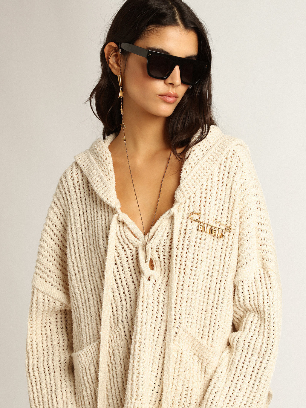 Hooded top in papyrus-colored cotton| Golden Goose