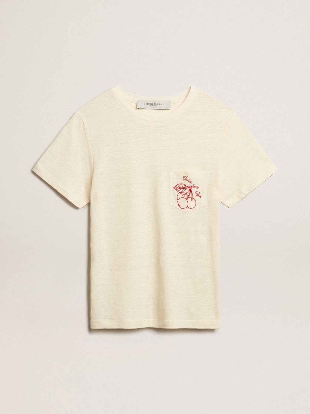 Women's cotton T-shirt in aged white with embroidered pocket| Golden Goose