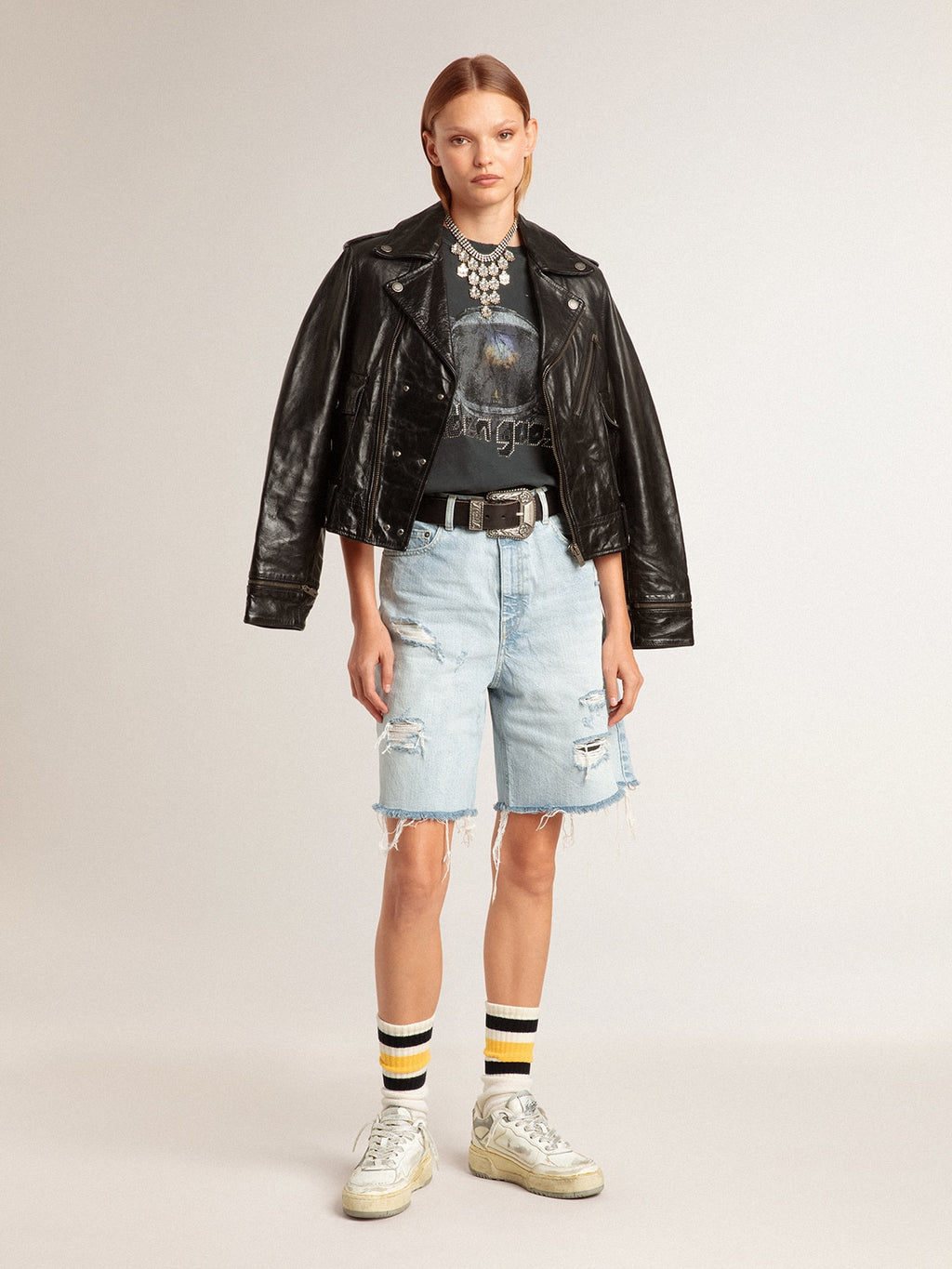 Worn-white socks with distressed details and black and yellow stripes| Golden Goose