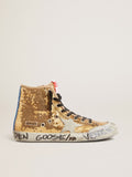 Francy Penstar in gold glitter with suede star and bright blue heel tab| Golden Goose