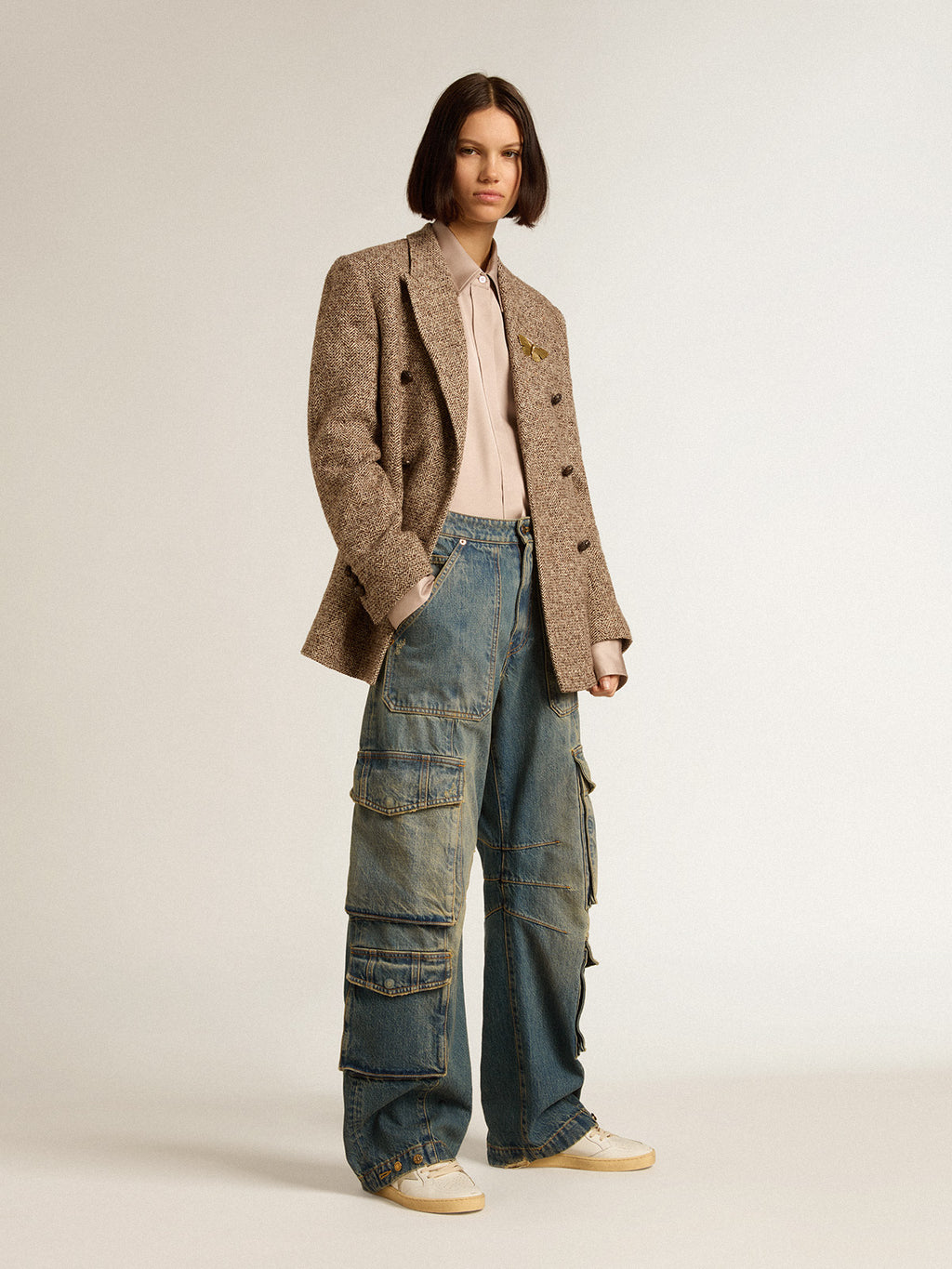 Women's brown double-breasted blazer with button fastening| Golden Goose