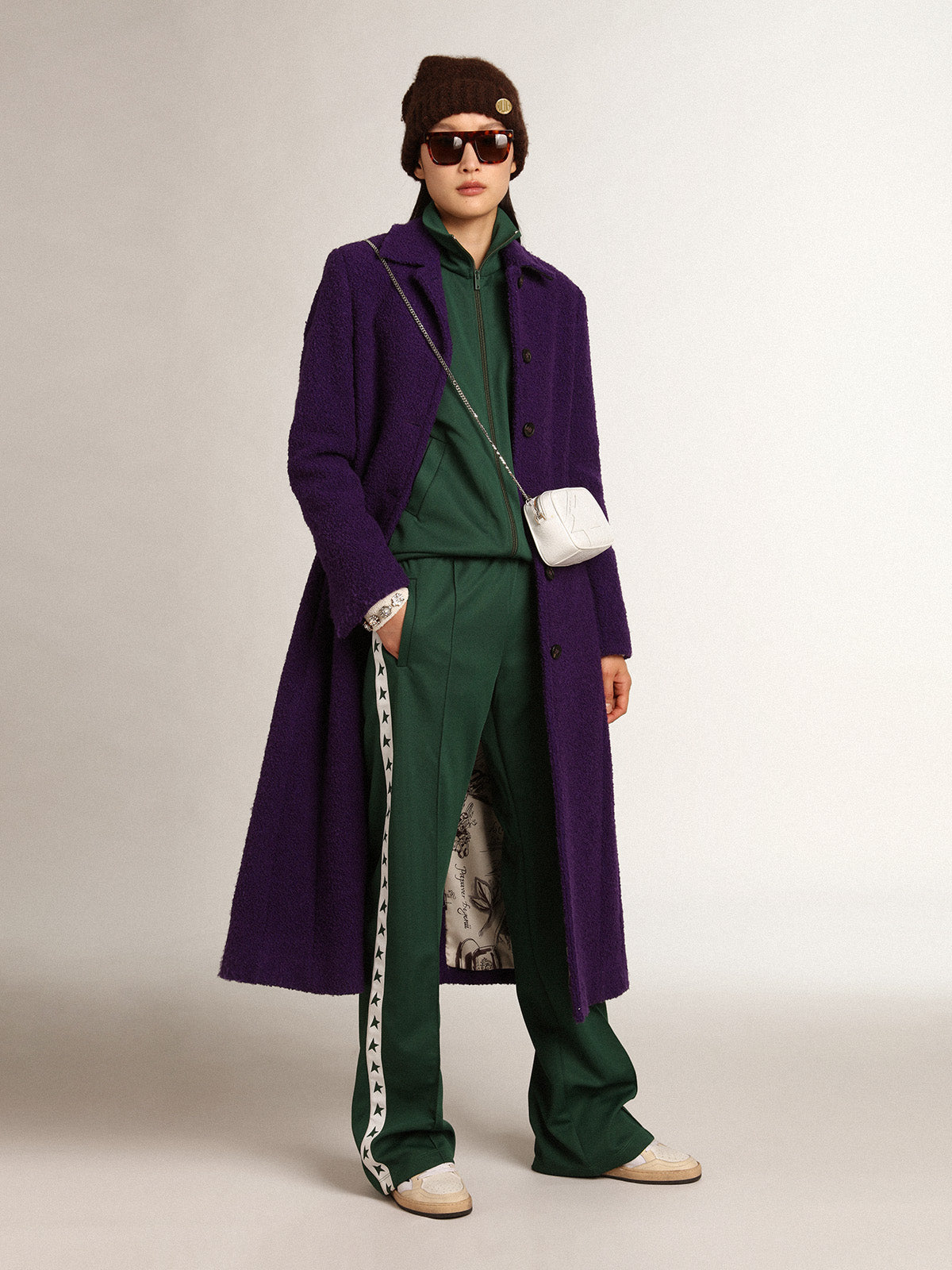 Women's coat in indigo purple wool with printed lining| Golden Goose