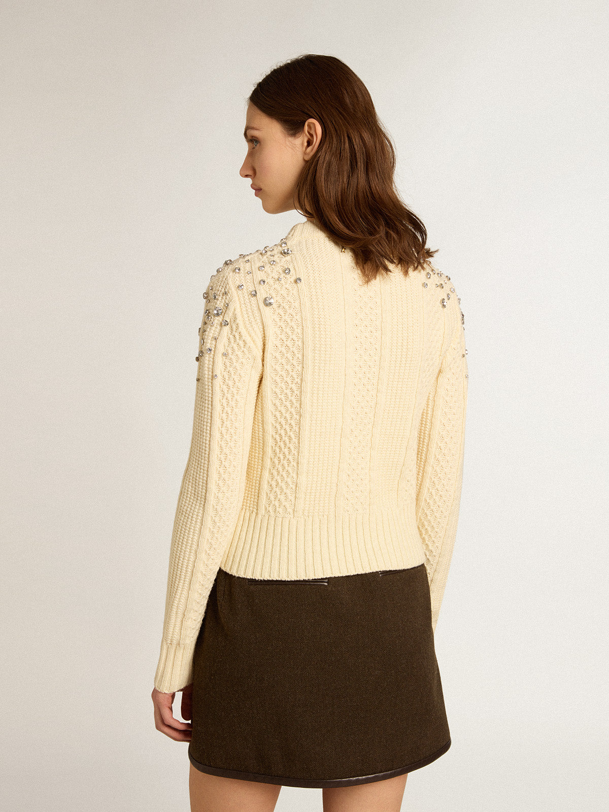 Cropped sweater in white wool with crystals| Golden Goose