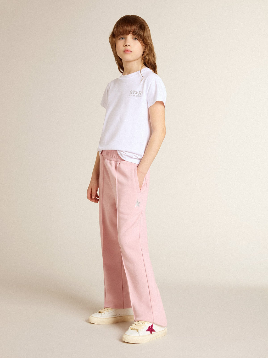 White and silver T-shirt with logo and maxi star in silver glitter| Golden Goose