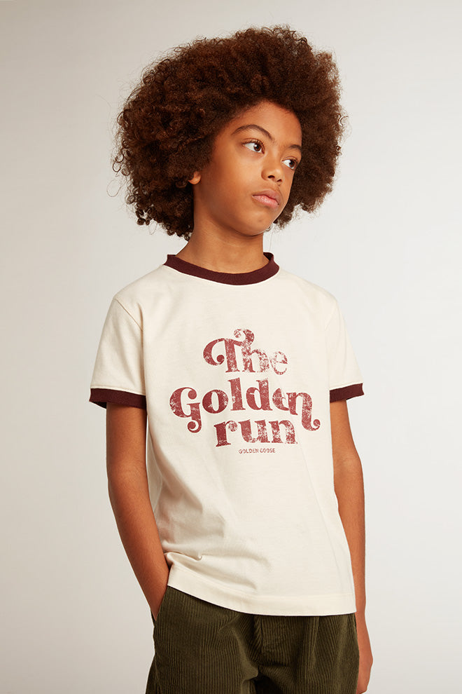 Boys' white cotton T-shirt with faded print at the center| Golden Goose