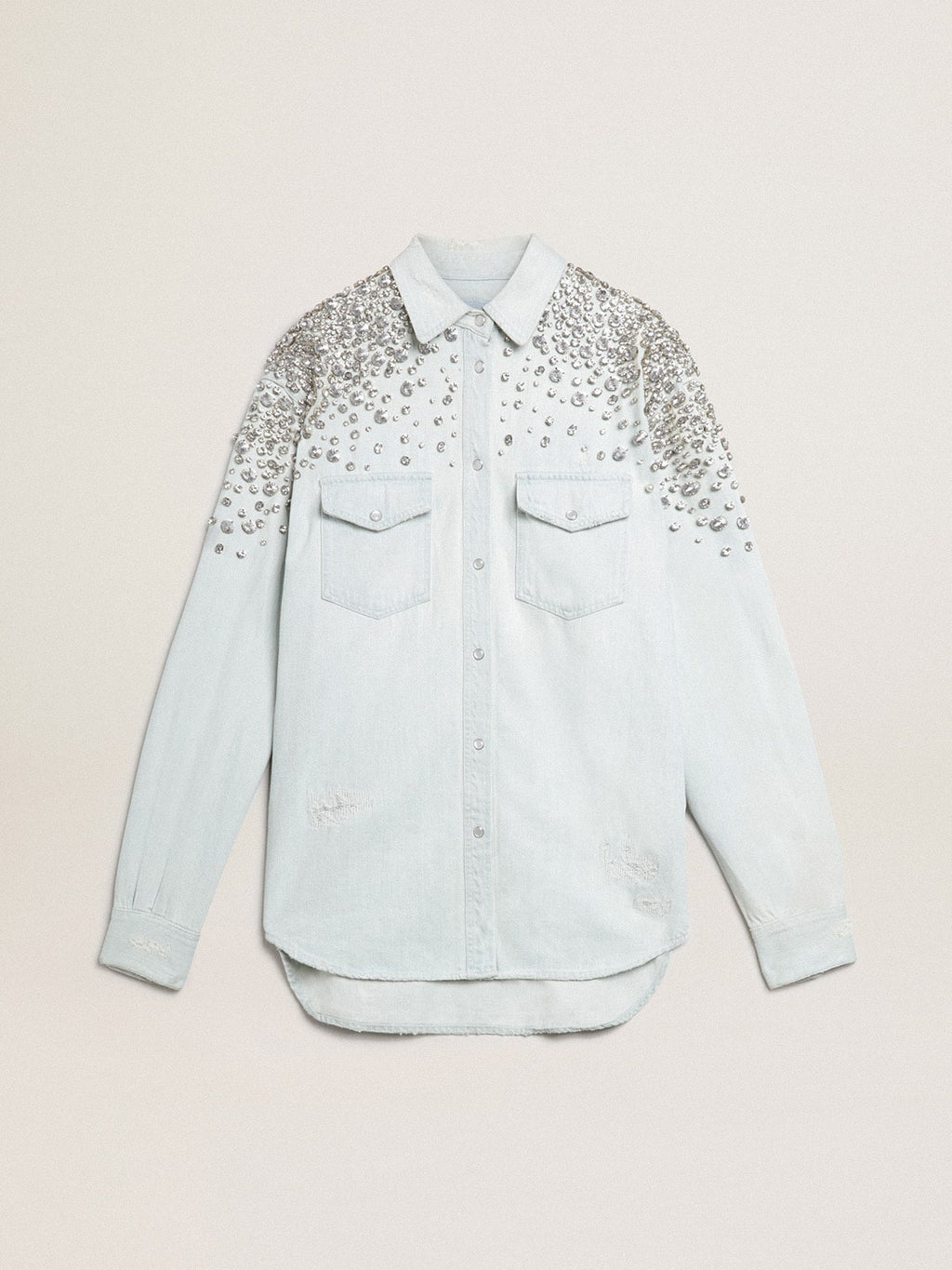 Women's bleached boyfriend shirt with cabochon crystals| Golden Goose