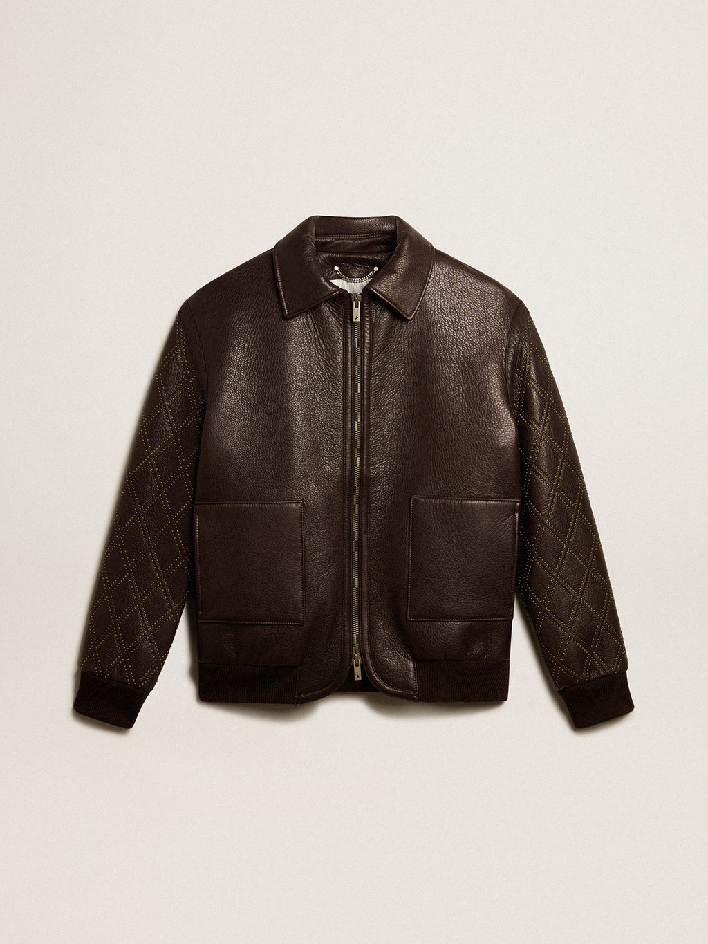 Brown nappa leather jacket with studded sleeves| Golden Goose