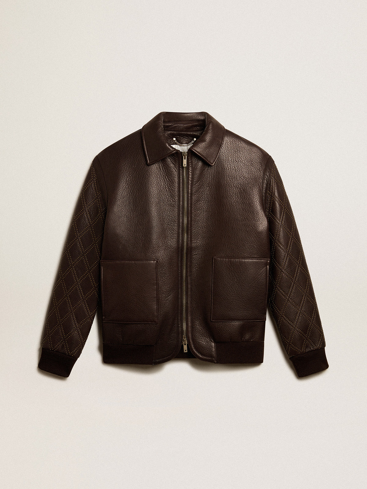 Brown nappa leather jacket with studded sleeves| Golden Goose