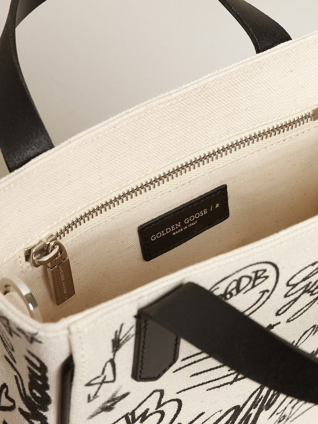 Women's Mini California Bag in white cotton with black print| Golden Goose