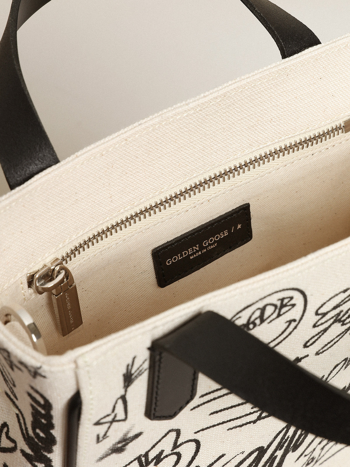 Women's Mini California Bag in white cotton with black print| Golden Goose