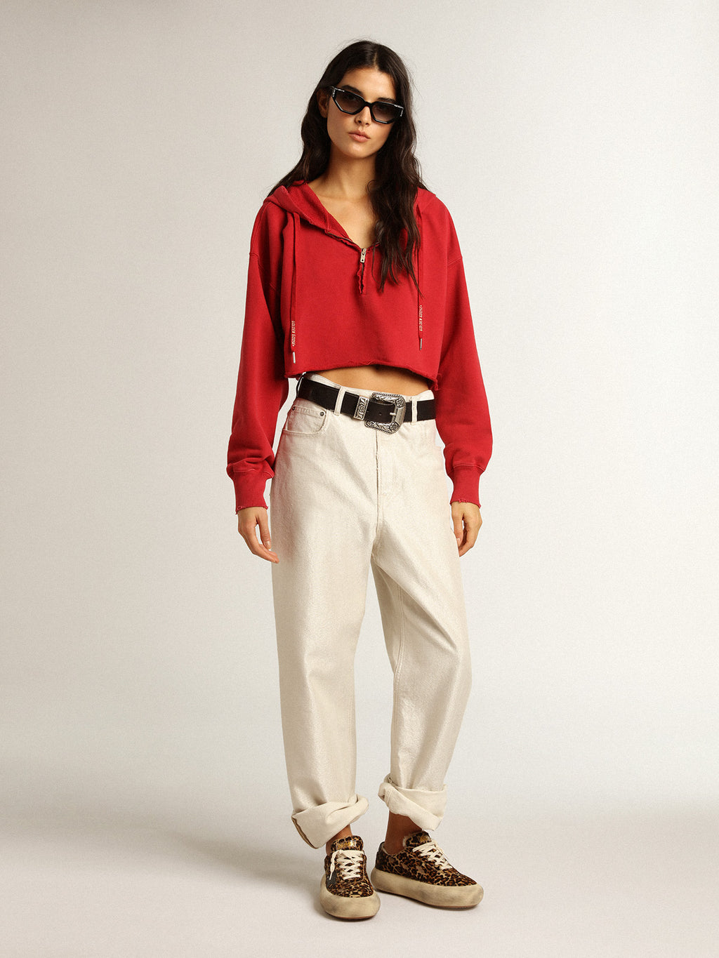 Cropped hooded sweatshirt in red| Golden Goose