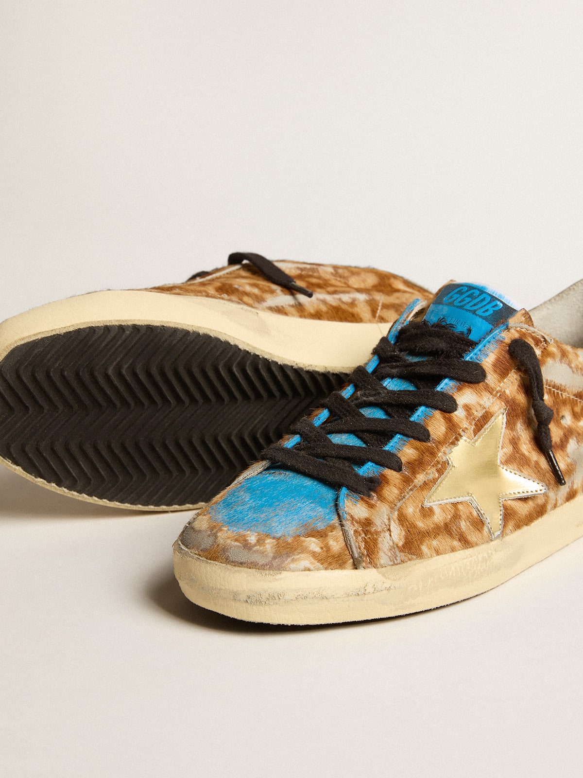 Men's Super-Star LAB in leopard pony skin with gold star and gray heel tab| Golden Goose