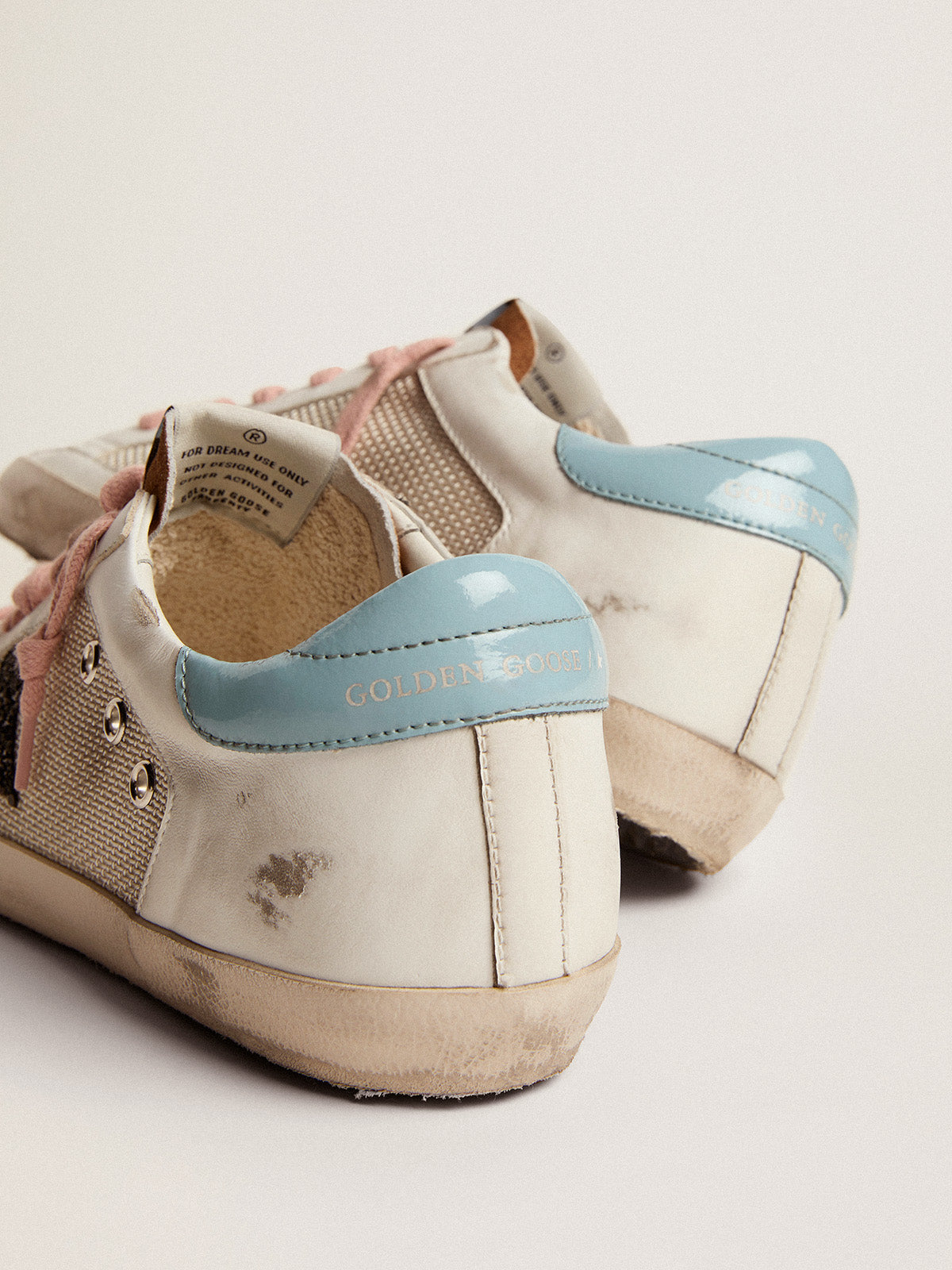 Super-Star sneakers in light gray mesh and white leather with black glitter star| Golden Goose
