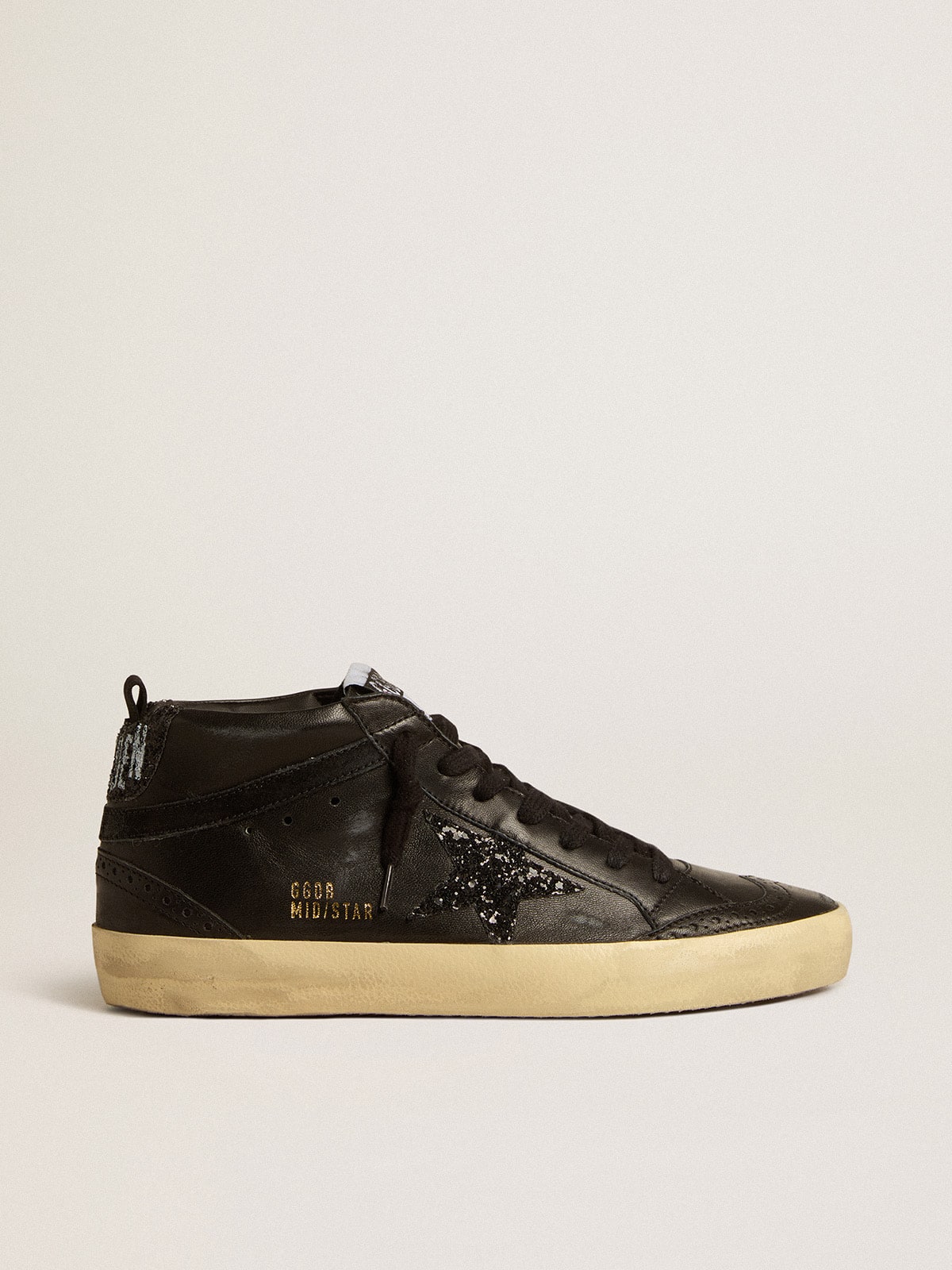 Women's Mid Star in black nappa with black glitter star and suede flash| Golden Goose