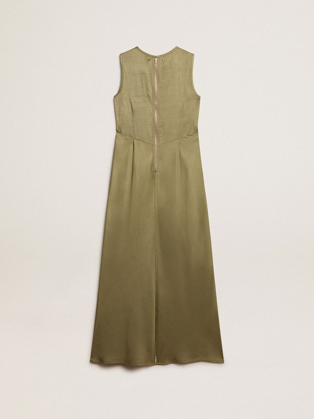 Olive-colored women's midi dress with zip fastening on the back