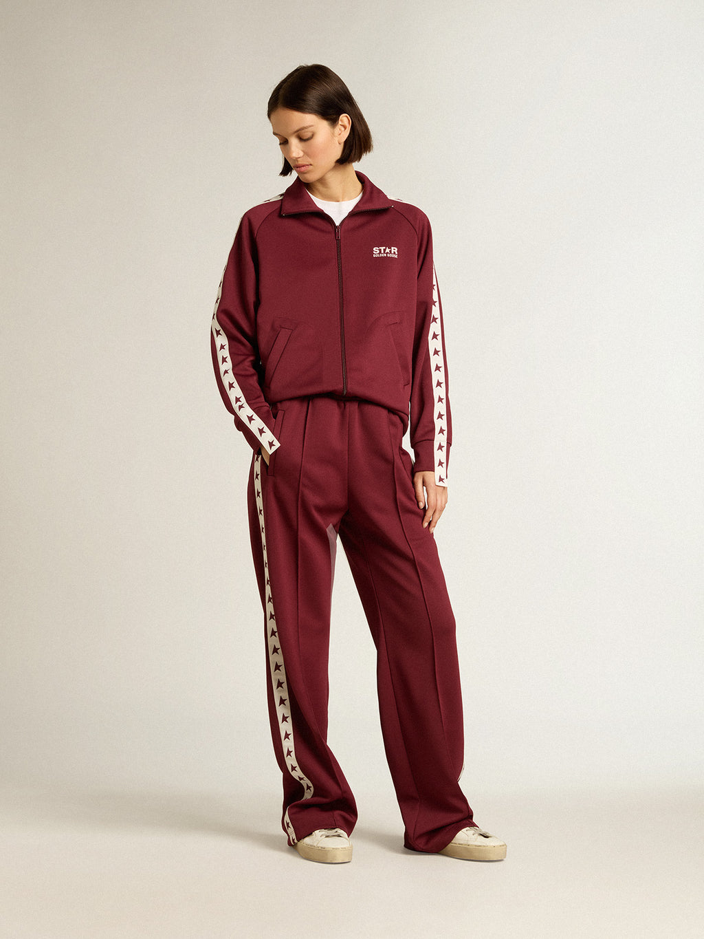 Women's burgundy joggers with stars on the sides| Golden Goose