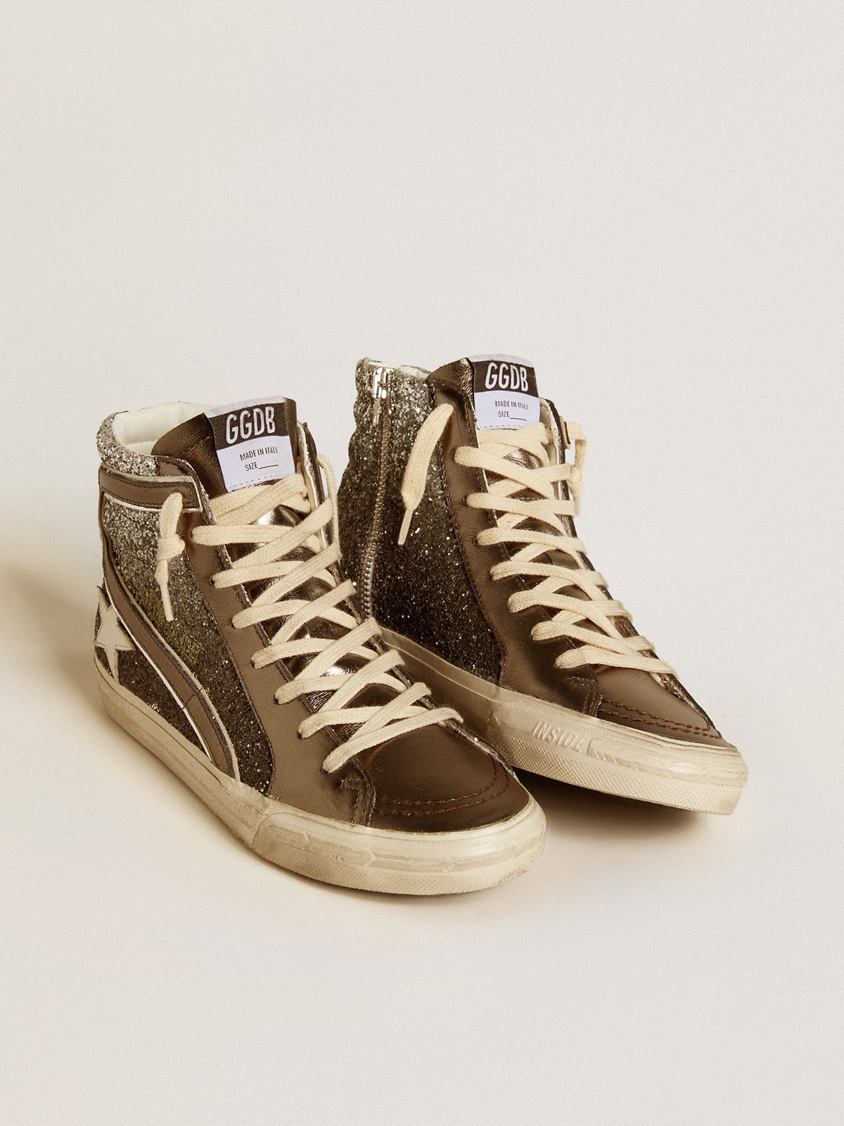 Women's Slide in black and silver glitter with leather star and metallic flash| Golden Goose