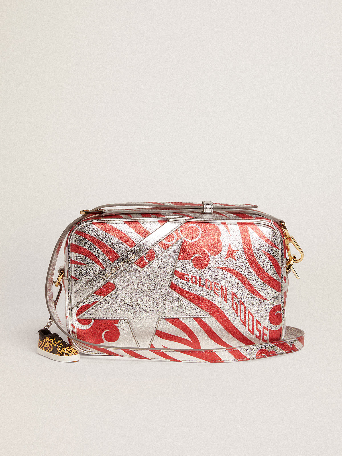Women's Star Bag in silver leather with star and tiger-striped CNY| Golden Goose