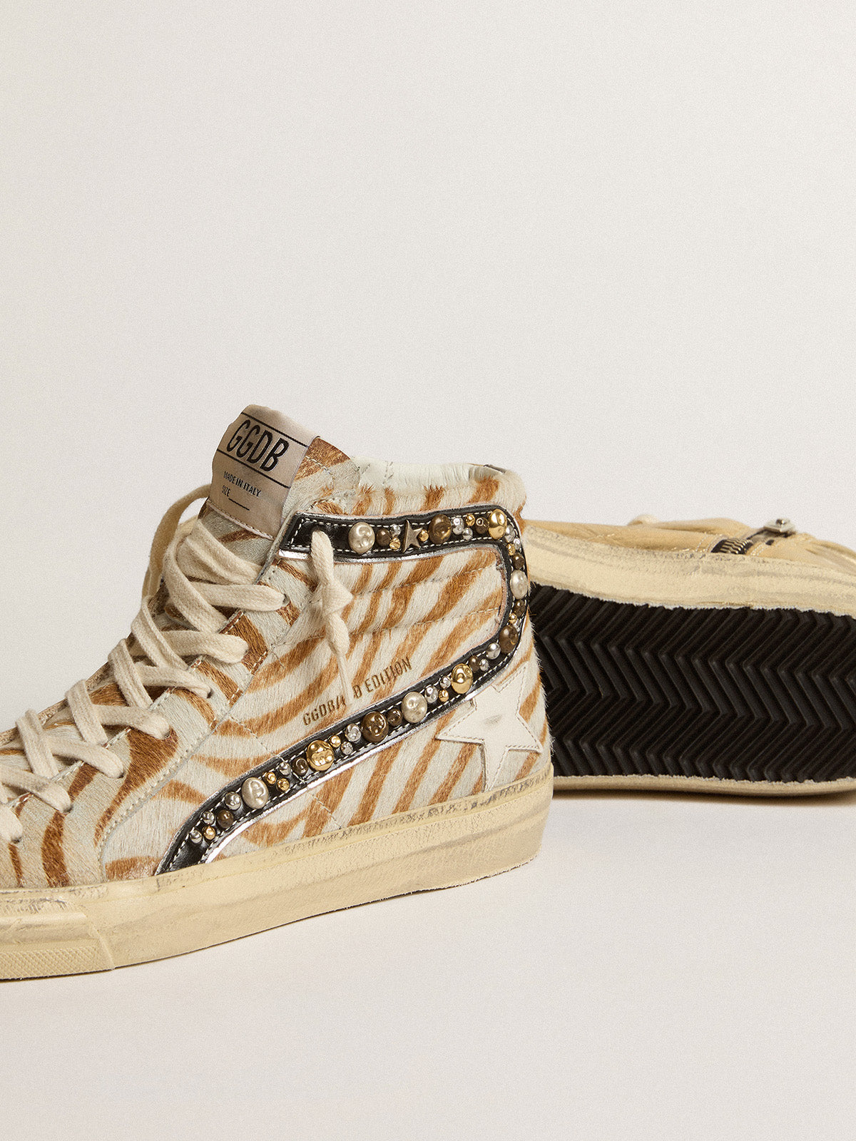 Women's Slide LAB in animal-print pony skin with studded leather flash| Golden Goose