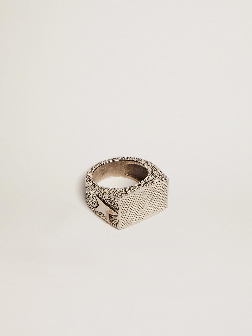 Men's silver color square ring| Golden Goose