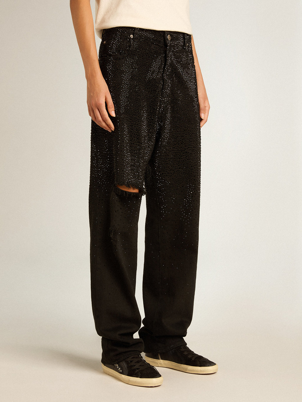 Women's cotton denim pants with shaded-effect crystal decoration| Golden Goose