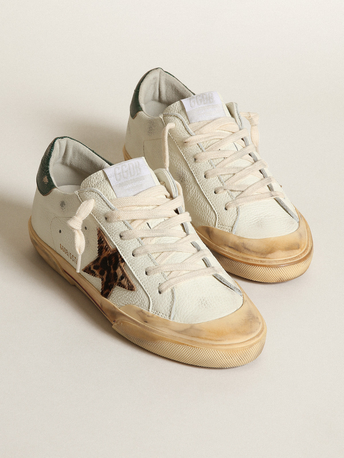 Super-Star Penstar with leopard pony skin star and green heel tab| Golden Goose