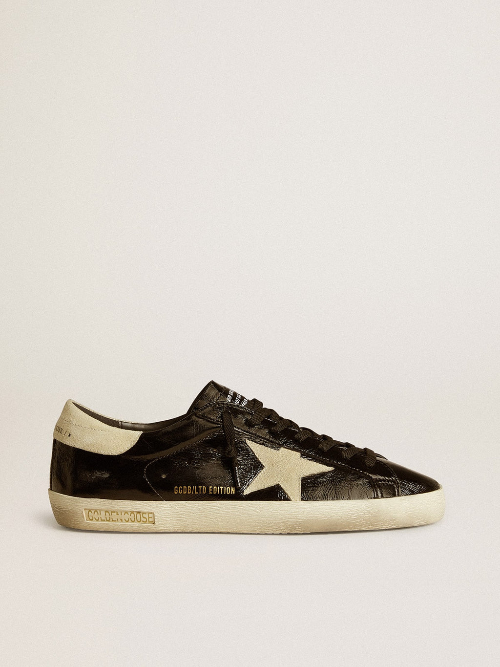 Men's Super-Star LTD in black patent leather with suede star and heel tab| Golden Goose