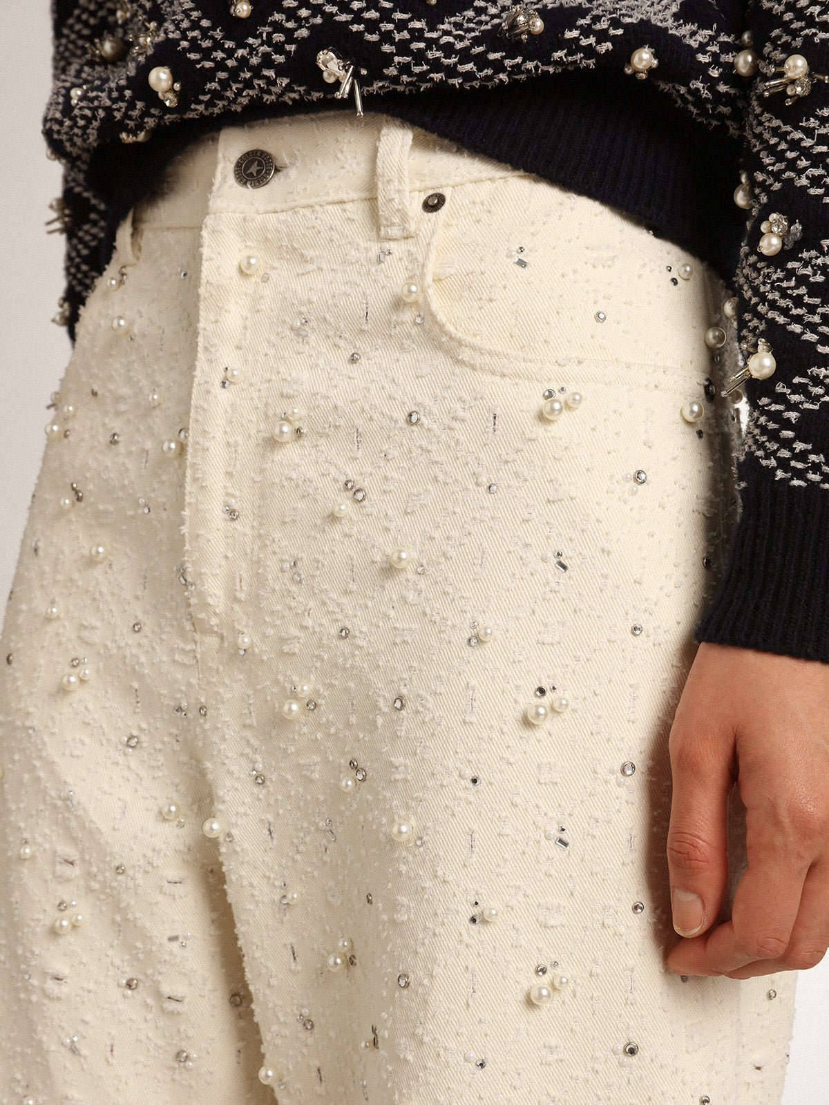 Journey Collection Kim jeans in off-white cotton with diamond patterns and the addition of beads and crystals| Golden Goose