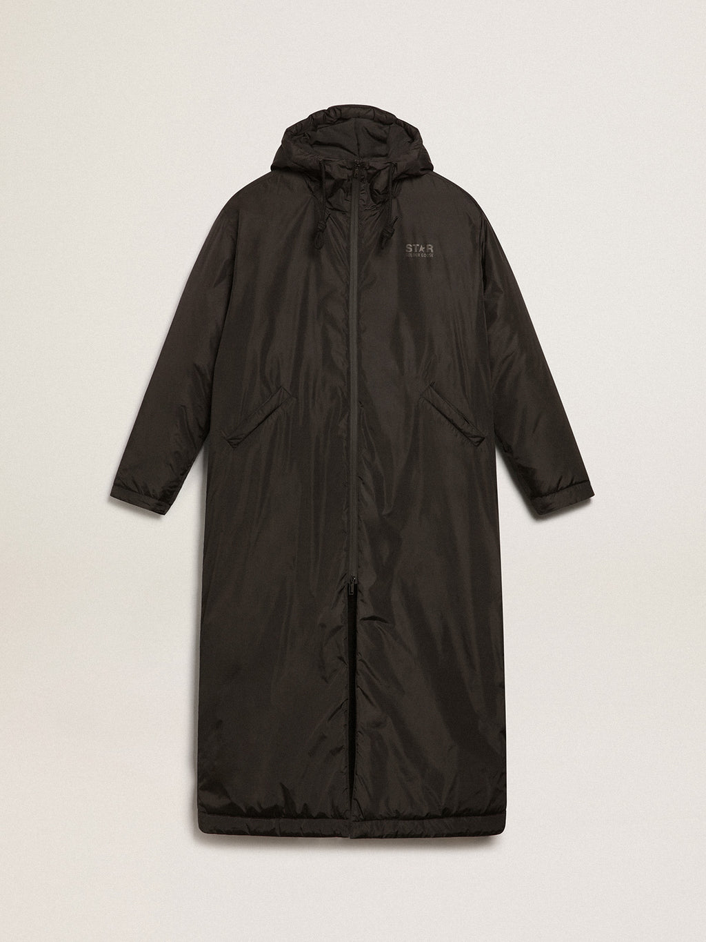Women's black ankle-length padded jacket with hood| Golden Goose