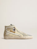 Slide in ivory nylon with white leather star and silver Swarovski crystal tongue| Golden Goose