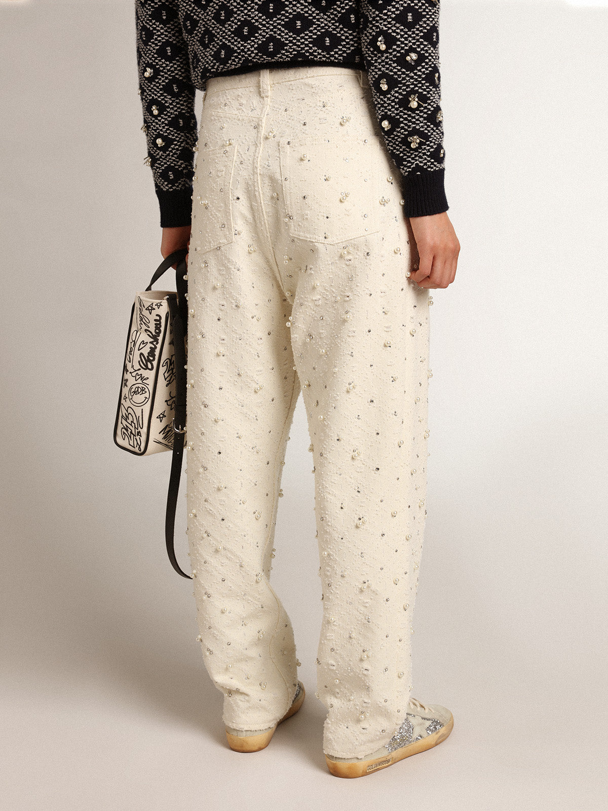 Journey Collection Kim jeans in off-white cotton with diamond patterns and the addition of beads and crystals| Golden Goose
