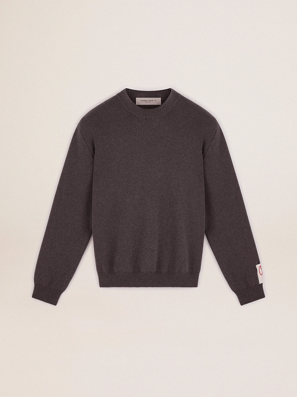 Men's round-neck sweater in dark gray cotton with logo on the back| Golden Goose