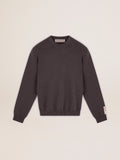 Men's round-neck sweater in dark gray cotton with logo on the back| Golden Goose