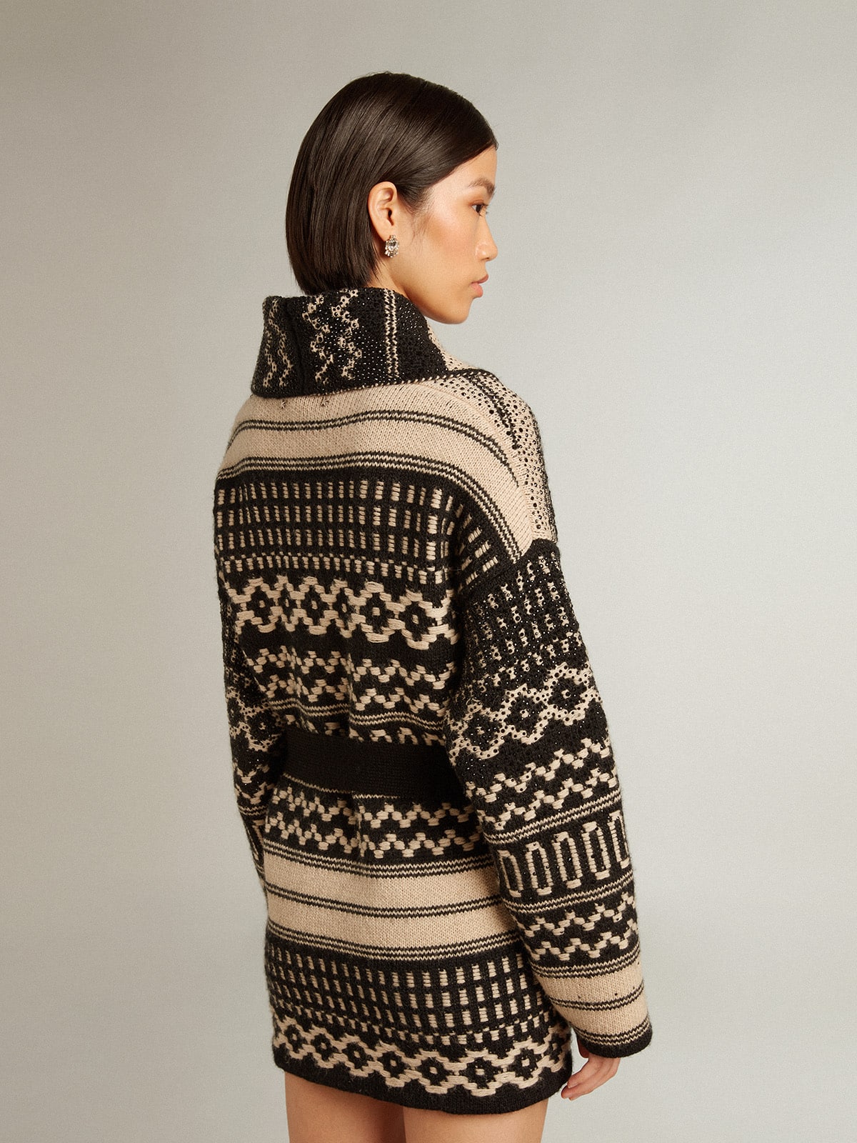 Women's cardigan in ecru wool with jacquard design and belt