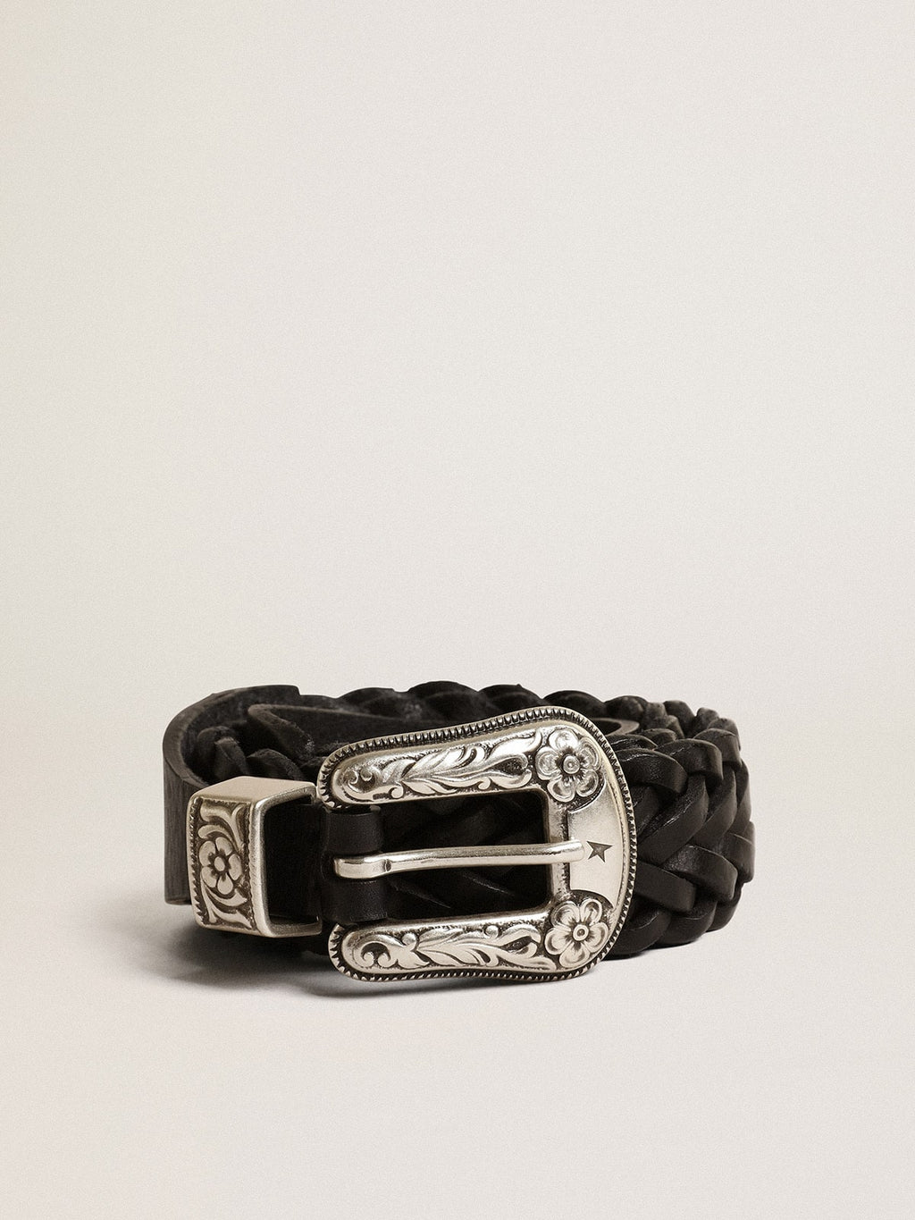 Belt in black braided leather with silver color buckle| Golden Goose
