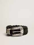 Belt in black braided leather with silver color buckle| Golden Goose